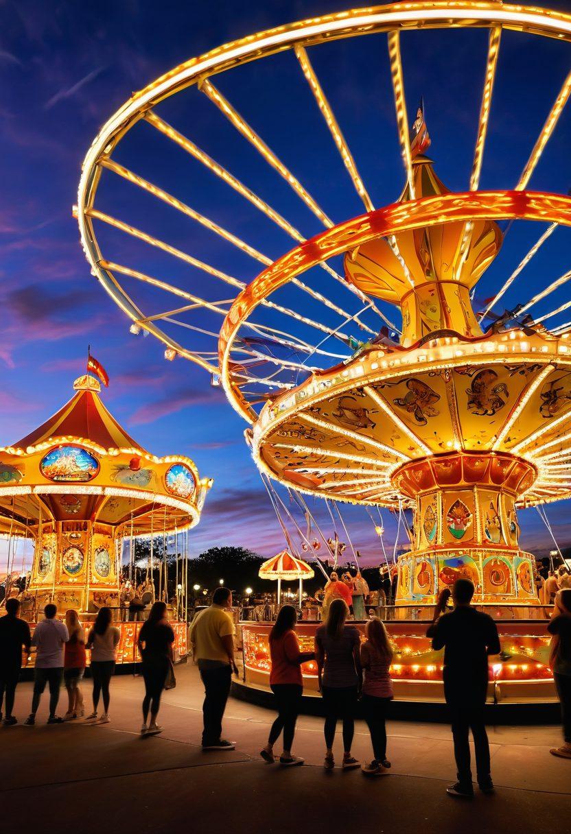 A vibrant and playful scene showcasing a diverse group of adults enjoying a whimsical, carnival-like amusement park filled with romantic and flirtatious elements. Include colorful rides, steamy interactions, and playful vibes with twinkling lights and a sunset backdrop. Infuse the atmosphere with a sense of adventure and excitement, ensuring the energy is palpable. super-realistic. vibrant colors. fantasy theme.