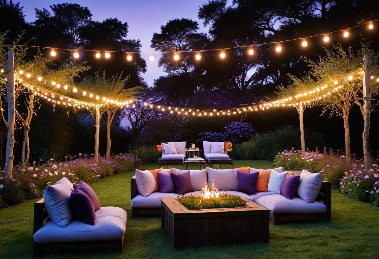A serene twilight landscape with soft hues of purple and orange blending in the sky. Silhouettes of couples enjoying intimate moments in a lush garden, surrounded by twinkling fairy lights. In the foreground, a cozy setup with plush cushions and a bottle of wine, inviting viewers to indulge in relaxation. A whimsical moonrise accentuates the mood of pleasure and discovery. impressionistic painting. vibrant colors. soft focus.