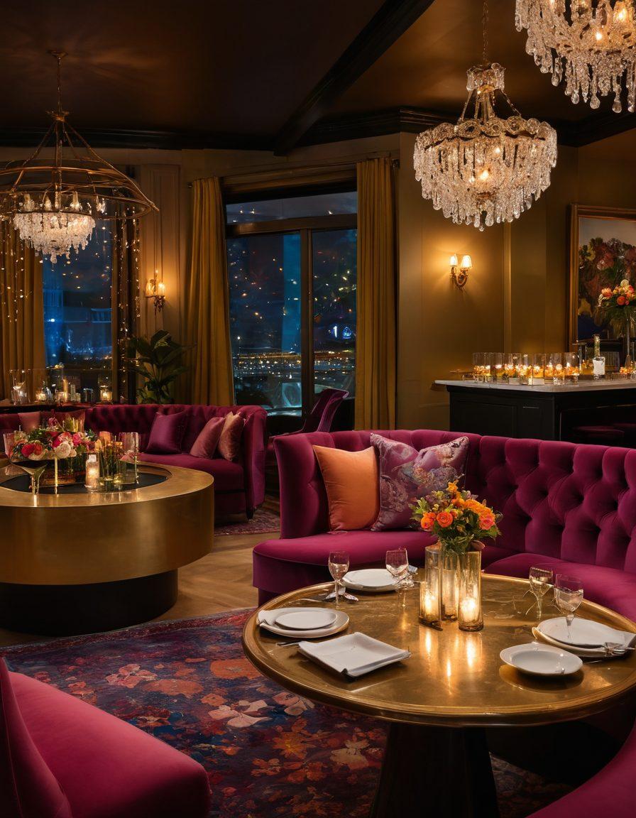 A luxurious and inviting lounge filled with soft, ambient lighting and plush seating, where a diverse group of friends are laughing and sharing passionate stories over exquisite cocktails. Incorporate elements of sensuality, such as ornate fabrics, vibrant flowers, and tantalizing food platters that evoke joy and warmth. The background should suggest a dreamy atmosphere with twinkling fairy lights and an elegant bar. sensual, vibrant colors, warm lighting, super-realistic.